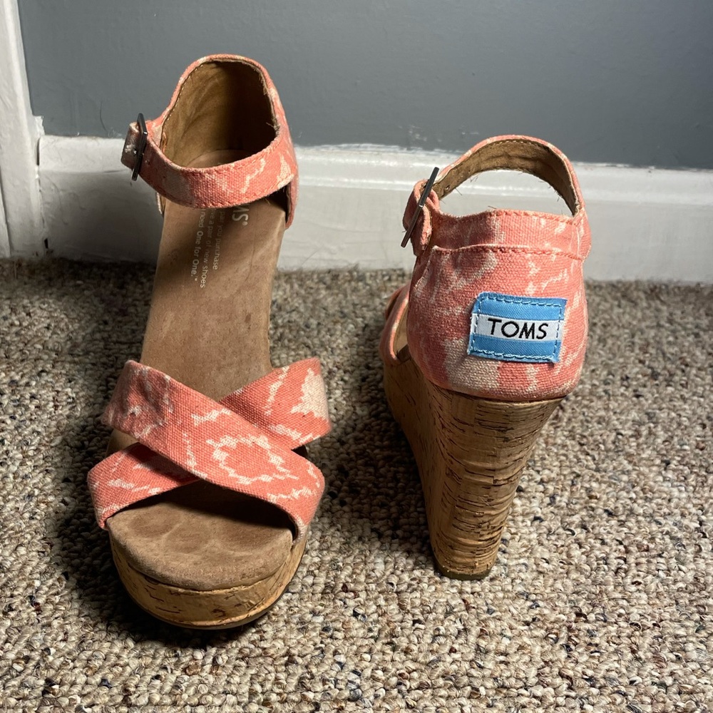 Coral Pink Toms Strappy Cork Wedges